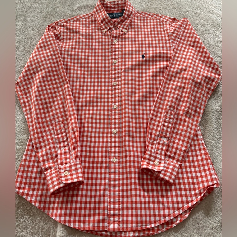 Ralph Lauren Orange and White Plaid Button-Down Shirt (M)
